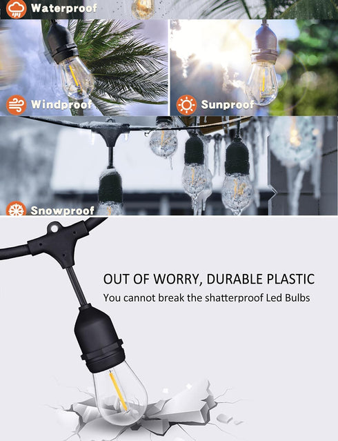 Commercial 48FT, 15+1 S14 Bulbs 2200K, Outdoor String Lights LED Replaceable Edison Black Weatherproof Cord for Patio