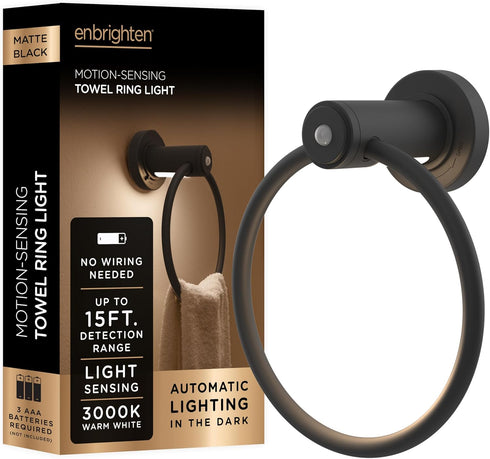Enbrighten Towel Ring, Motion Sensing Night Light, Battery Operated Hand Towel Holder for Bathroom Kitchen, Matte Black