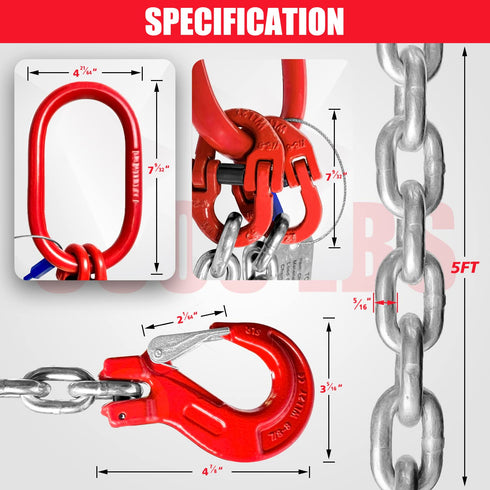 6600LBS Double Leg Chain Sling with Hooks, 5Ft 5/16" G80 Alloy Steel 2 Leg Chain Sling
