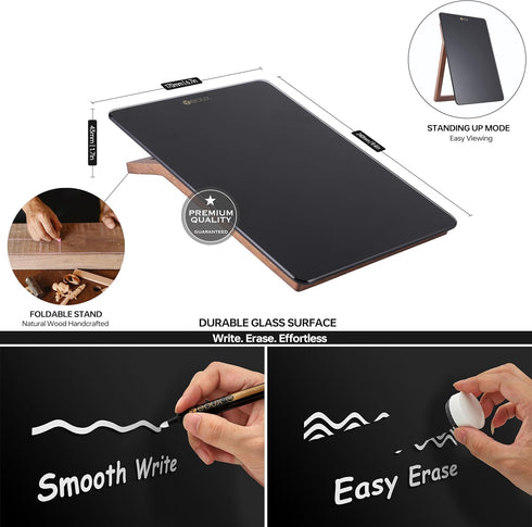 Desktop Black Glass Dry Erase Whiteboard, Small Portable White Board Easel for Desk, Reusable Notepad