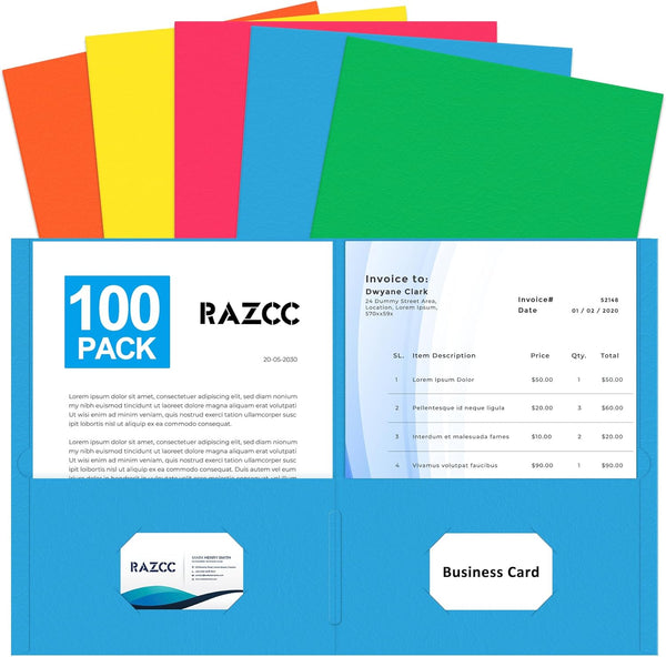 RAZCC 100 Pack Two Pocket Folders, Thick Paper File Folders for School, Office, Business, Home, Assorted 5 Colors