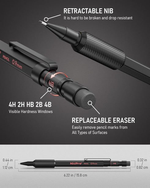 Nicpro 0.9 Metal Mechanical Pencil Set with Case, 3PCS Heavy Duty MP2000 Lead Pencil with 6 Tube HB Lead Refills