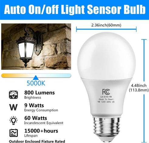 4 Pack A19 Bulbs Bulb 60W 9W, 5000K, E26 DAYBETTER Dusk to Dawn Light Outdoor, Auto On/Off Photocell Sensor LED Light