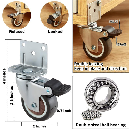 2 Inches Side Mount Caster Wheels Set of 16, Heavy-Duty Double Plate Rubber Locking Swivel Casters