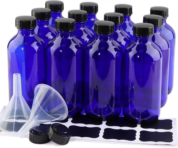 12 Pack 8 oz Cobalt Blue Glass Bottles, 240ml Boston Round Sample Bottles with Black Poly Cone Caps, Labels & Funnels