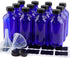 12 Pack 8 oz Cobalt Blue Glass Bottles, 240ml Boston Round Sample Bottles with Black Poly Cone Caps, Labels & Funnels