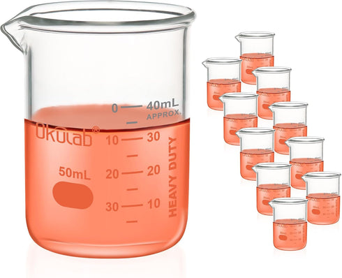 Heavy Duty Glass Beaker Set, Thick-Walled 3.3 Borosilicate Glass Beakers, 10pcs Vol. 50ml with Double Scale Graduation