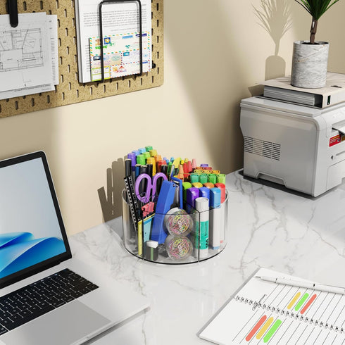 Large Acrylic Pen Holder, 360 Degree Rotating Desk Organizer with 6 Compartments, Office Marker Storage Caddy