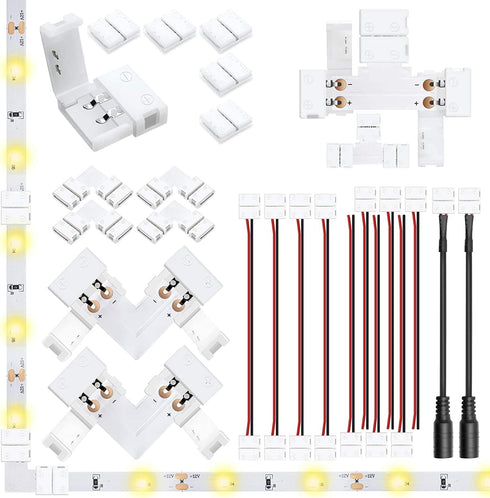LightingWill 2 Pin LED Strip Light Connector Kit, 10mm Solderless Adapter Set for 5050 5630 Single Color