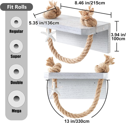 Farmhouse Toilet Paper Holder - Beach Toilet Paper Roll Holder Nautical Rope Starfish Towel Rack with White Shelf, Wall