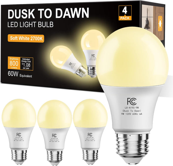 DAYBETTER 4 Pack A19 Dusk to Dawn Light Bulbs Outdoor, 60W Equivalent,