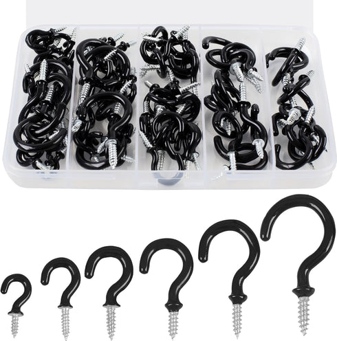 90 Pcs Black Ceiling Hooks Kit, 6 Sizes Vinyl Coated Screw-in Hooks for Hanging (1/2", 5/8", 3/4", 7/8", 1", 1-1/4")