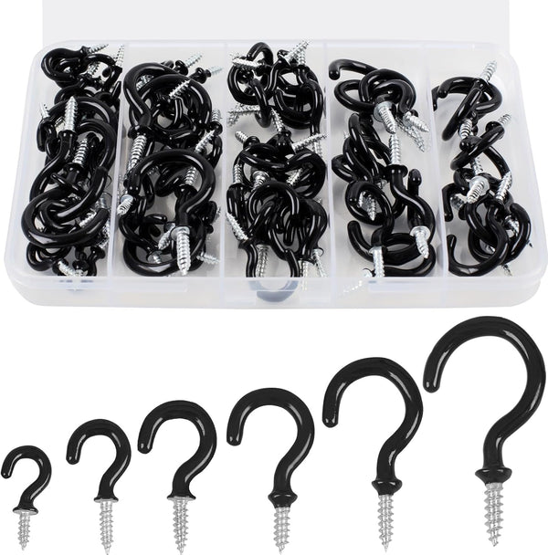 90 Pcs Black Ceiling Hooks Kit, 6 Sizes Vinyl Coated Screw-in Hooks for Hanging (1/2", 5/8", 3/4", 7/8", 1", 1-1/4")