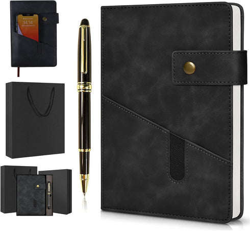 Black A5 Lined Leather Journal Notebook, Personalized Hardcover Set with Pen & Gift Box, 100 Pages for Daily Diary