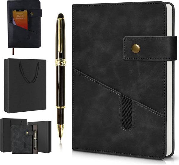 Black A5 Lined Leather Journal Notebook, Personalized Hardcover Set with Pen & Gift Box, 100 Pages for Daily Diary