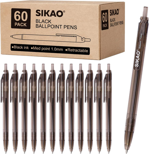 Black Pens Bulk, 60 Pack of Retractable Ballpoint Pens, Medium Point, Smooth Writing, No Smudge for School and Office
