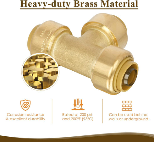 1/2" Push to Connect Tee Brass Plumbing Fitting for PEX, Copper, CPVC Pipe with Upgraded Stiffener (6 Pack)
