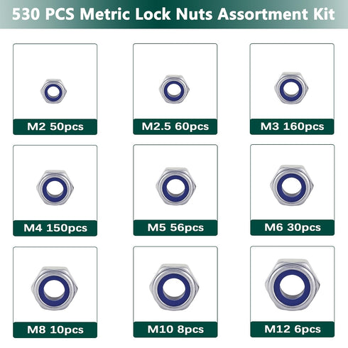JMINRUN 530PCS Set M2-M12 Metric Nylon Insert Lock Nut Assortment Kit, Stainless Steel Standard Thread Nylock Nuts