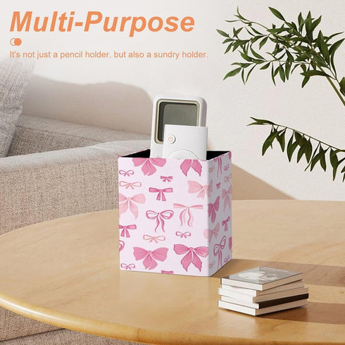 DOHTDGT 4.3" Pink Bow Tie PU Leather Pen Holder for Desk, Pencil Cup Makeup Brush Holder, Desk Organizer for Office