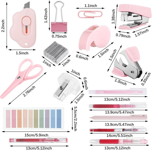 Mini Office Supply Kit Includes Stapler Tape Dispenser Staple Remover Paper Clips Scissor Staples Pen Sharpener Note Small Telescopic Knife for Office and School Clerk Student (Pink) by Colarr