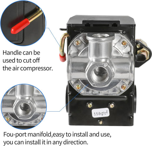 Air Compressor Pressure Switch Replacement LF10-4H, 95-125 PSI Range, 20A Rating, 4-Port