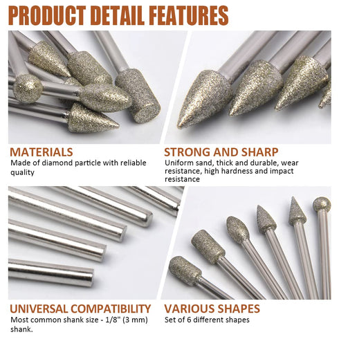 Diamond Drill Grinding Bit Set, Rotary Tools Polishing Kits with Diamond-Coated 1/8-inch Shank for Stone Glass