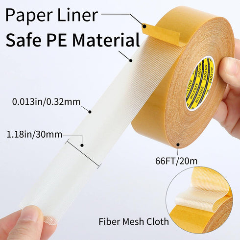 Double Sided Tape Heavy Duty, 1.18" x 66FT, Universal High Tack Strong Wall Adhesive with Fiberglass Mesh, Super Sticky