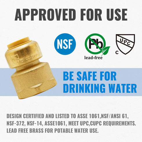 SUNGATOR Reducing Adapter 1/2 Inch x 3/4 Inch FNPT, No Lead Brass Push-to-Connect Female Plumbing Fittings, Pack of 6