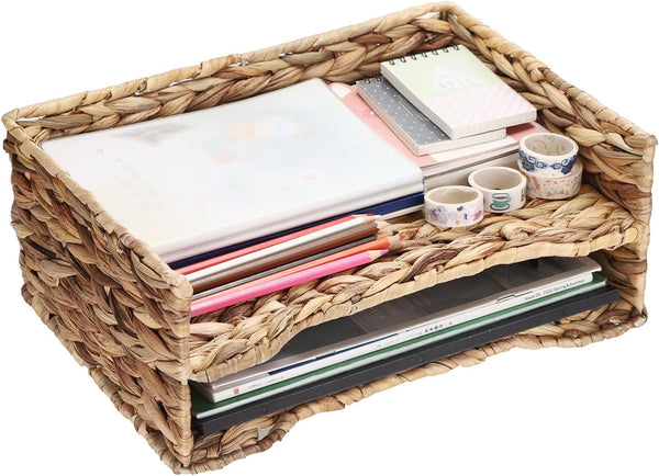 BTSKY 2 Tier Water Hyacinth Letter File Storage Basket, Woven Paper Organizer Tray for Desk Document and Office Paper