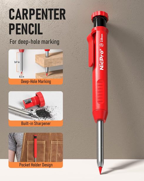 Nicpro CP1000 Carpenter Pencil with Sharpener, 2.8 mm Mechanical Pencils with 13 Refills for Heavy Duty Woodworking