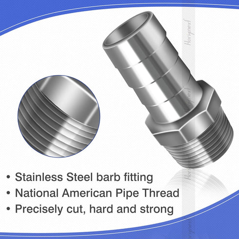 NPT 1" Male Thread to 1 Inch O.D. Barb Stainless Steel Pipe Fitting, Pack of 2 pcs for Connecting Air Hose Tubing
