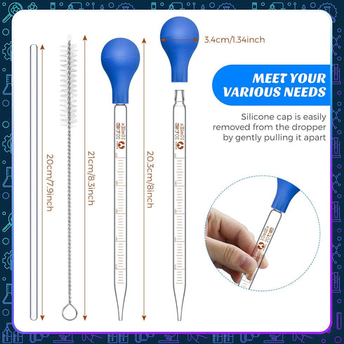 Weewooday Glass Droppers Pipettes, Graduated Lab Dropper with Big Rubber Hats, 20 cm Stir Rod Washing Brush, 8 Pieces