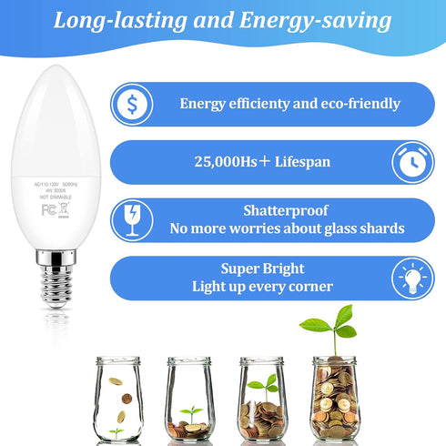 Brightever Candelabra LED Light Bulbs, 40W Equivalent, 4W Candle Bulbs, Daylight White 5000K, 6 Pack for Ceiling Fans