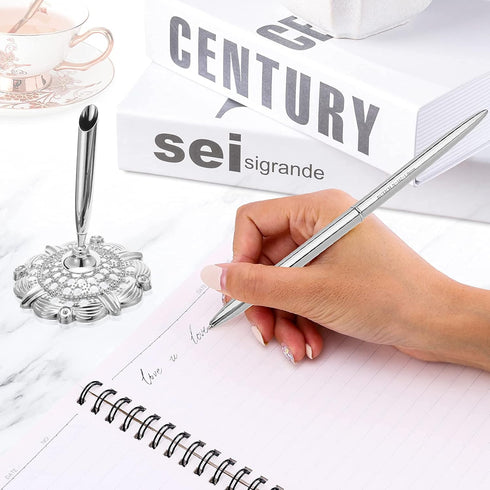Hollow Round Pen Holder Signing Pen Set for Wedding, Bridal Engagement, Valentine's Day Favors, Silver
