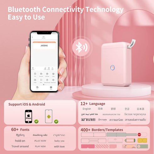 JADENS Label Maker Machine with Tape, Portable Bluetooth Label Printer for Storage, Light Pink