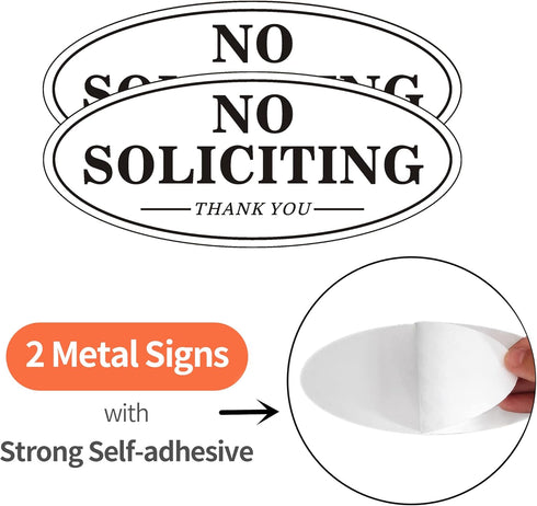 Self-adhesive No Soliciting Sign for House Door, 7" x 3" Metal Signs, Durable UV, Easy Mounting, Oval Design, 2 Pack