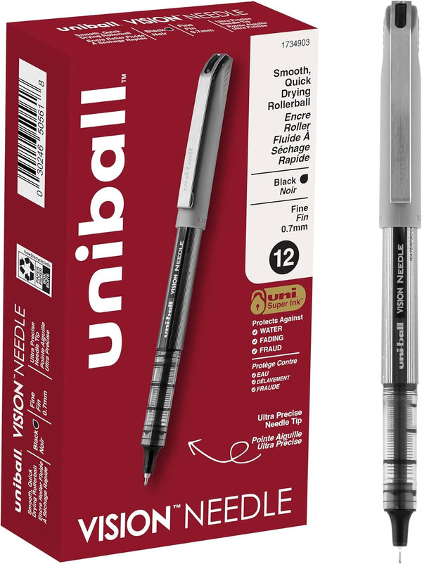 uniball Vision Needle Roller Ball Pen, Stick, Fine 0.7mm, Black Ink, Silver Barrel, Dozen