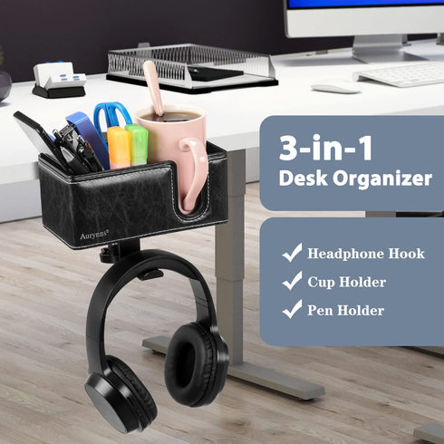 Desk Cup Holder Clip-on Pen Holder, Rotatable Headphone Hanger and Headset Stand Clamp Hook Under Desk (Black)