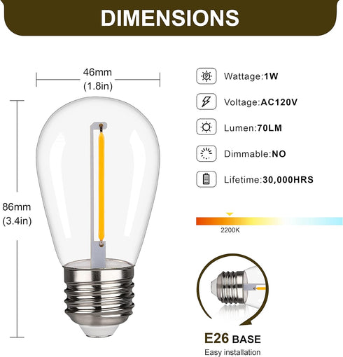 S14 Outdoor String Light Bulbs, Shatterproof Waterproof Replacement Bulbs, 1W Equivalent to 10W, 2200K Warm White Led Light Bulbs, E26 Base 15 Pack by YIMILITE