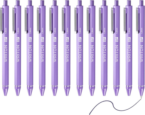 Writon Retractable Ballpoint Pens, 12 Pack, Comfort Barrel, 1.0mm Medium Point, Purple Ink