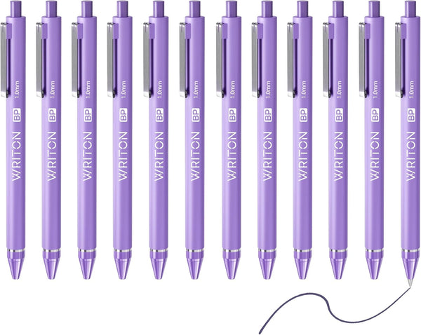 Writon Retractable Ballpoint Pens, 12 Pack, Comfort Barrel, 1.0mm Medium Point, Purple Ink