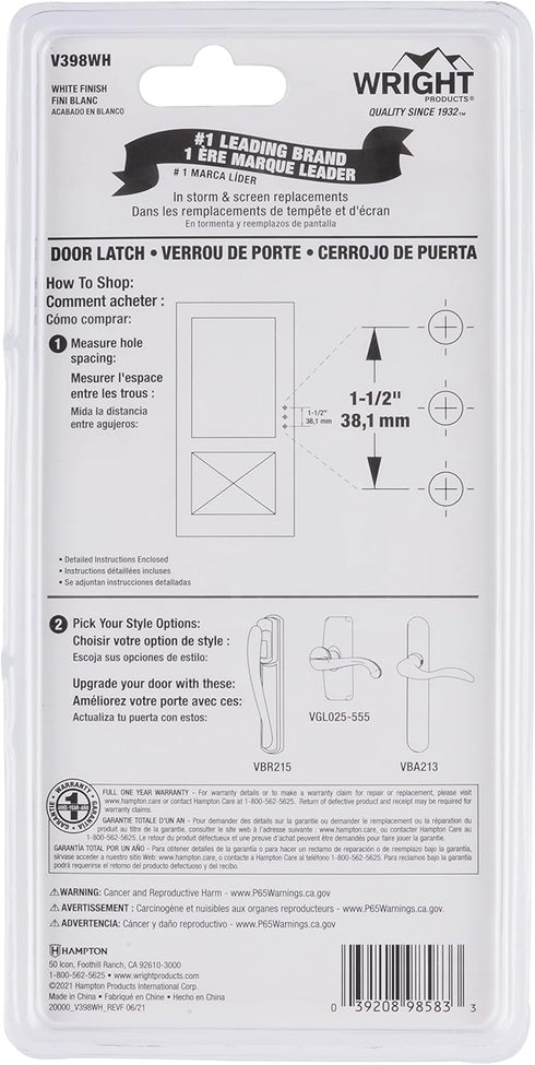Wright Products V398WH Tie-Down Push Button Handle, 1-1/2 Inch, White