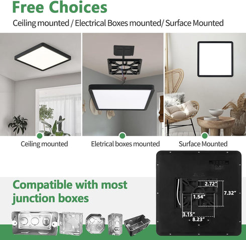 FY WISDOM FLY LIGHTING 16 Inch 36W 3600LM, 3000K/4000K/6000K Square LED Flush Mount Ceiling Light, CCT Selectable,Black