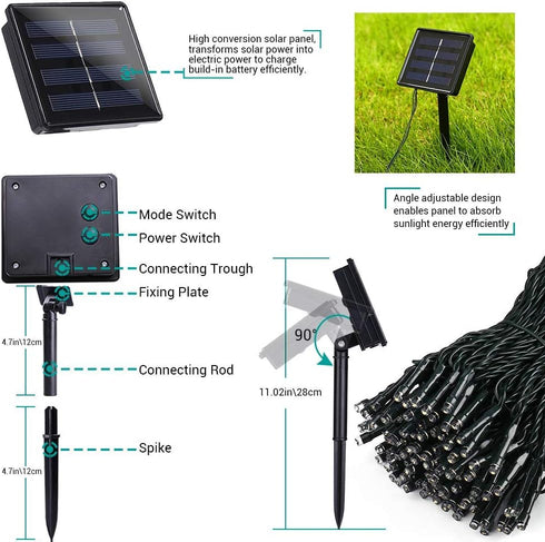 98.4ft 300 8 Solar Christmas Lights Outdoor, LED Solar Fairy String Lights Modes Waterproof Xmas Lights for Garden