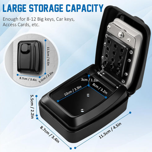 Key Safe Outdoor Waterproof Lockbox, 12 Digit Combination, Extra Large Key Storage Box with Weatherproof Cover, Police