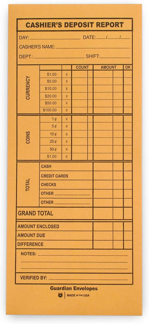 Guardian Cashier Deposit Report Envelopes with Gummed Flaps, Pack of 500 Cash Drop Envelopes for Small Businesses