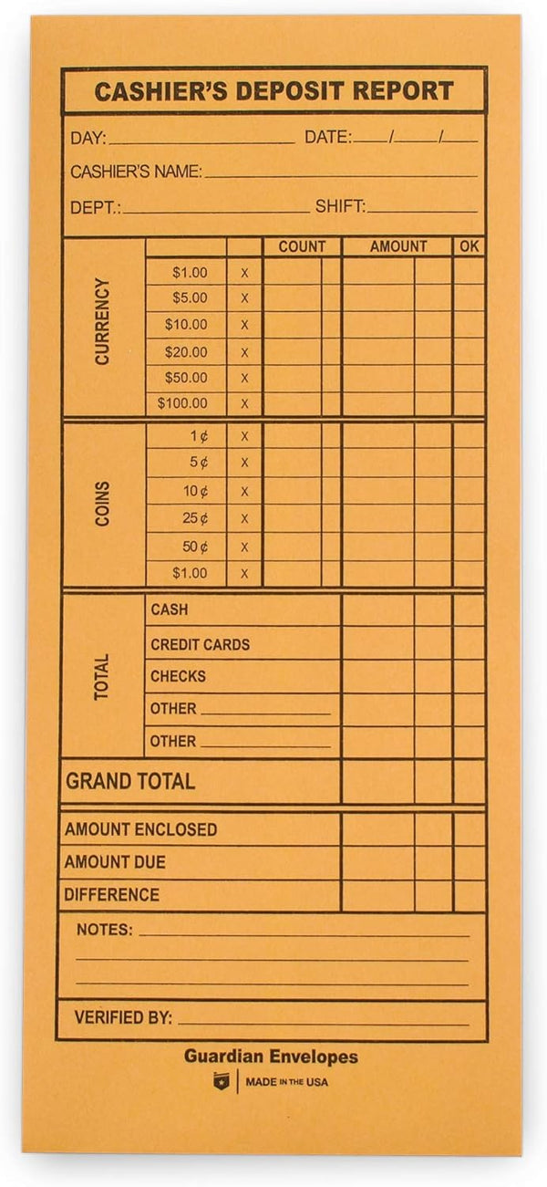 Guardian Cashier Deposit Report Envelopes with Gummed Flaps, Pack of 500 Cash Drop Envelopes for Small Businesses
