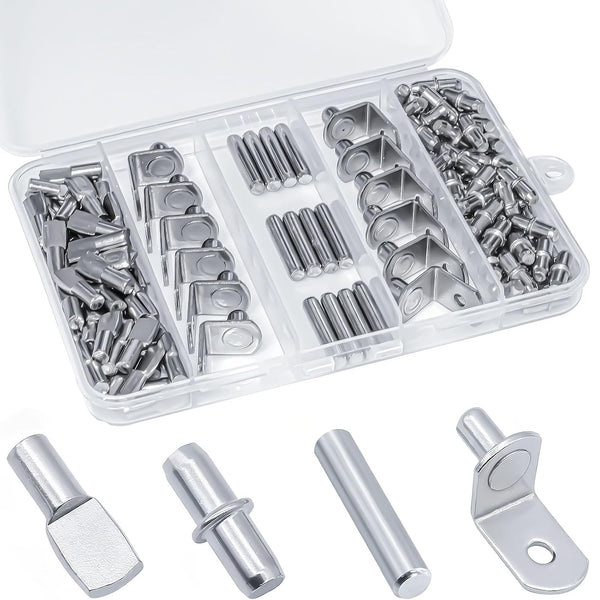 JIMROLA 120Pcs Shelf Pins Kit,4 Styles Nickel Plated Shelf Support Pegs,Plated Shelf Pins