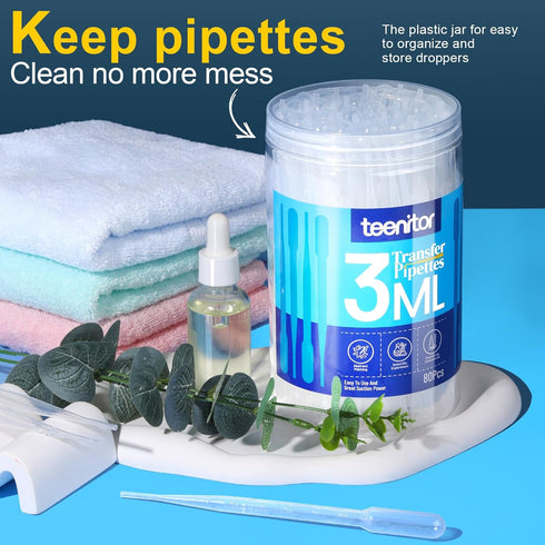 Teenitor 80PCS 3ML Pipette Dropper, Disposable Plastic Eye Droppers for Crafts and Oils Transfer.