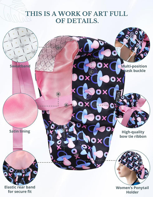 Scrub Caps Women Satin Lined Ponytail, Pacifier Love Black Adjustable Scrub Hats Women with Buttons and Sweatbands
